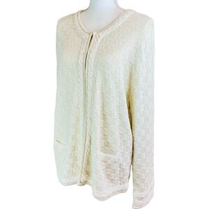 LAURA ASHLEY Ivory Basketweave Knit Cardigan Sweater Sz XL‎ Gold Metallic Easter